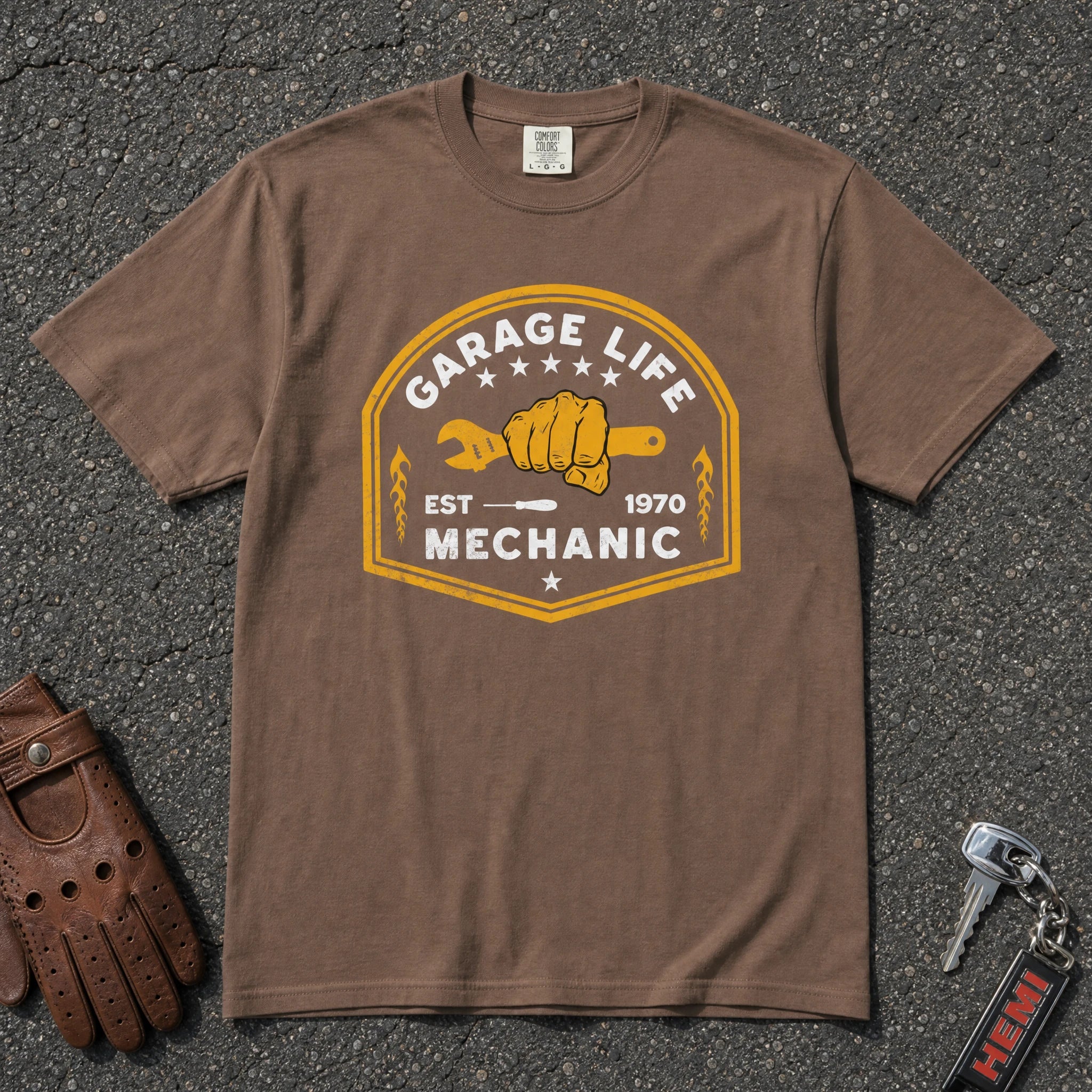 espresso garage life mechanic tshirt — wrench fist crest est 1970 comfort colors garage tee