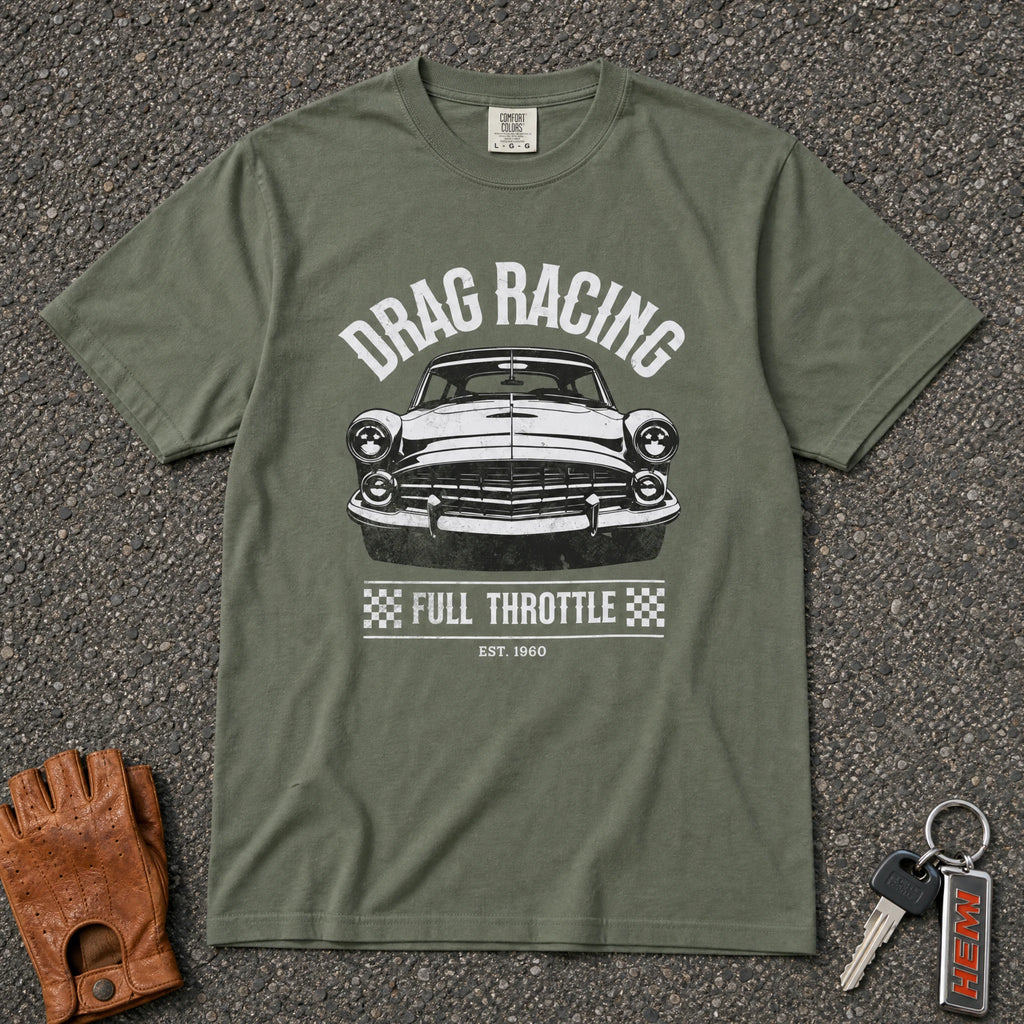 moss drag racing full throttle muscle car graphic tee — vintage comfort colors shirt
