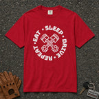 red eat sleep drive repeat comfort colors tee — piston circle graphic car lover shirt