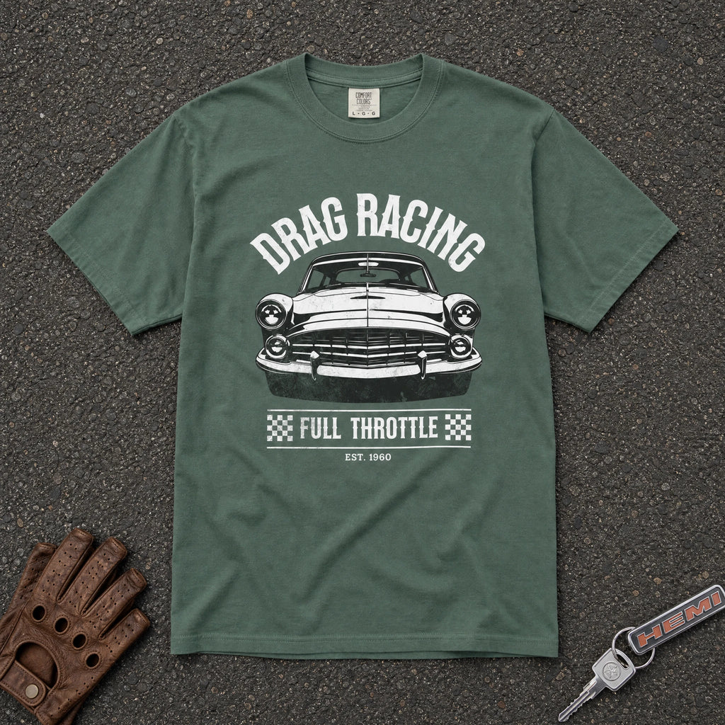 blue spruce drag racing full throttle tshirt — classic muscle car comfort colors vintage tee