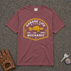 brick garage life mechanic comfort colors tee — vintage wrench fist crest graphic shirt