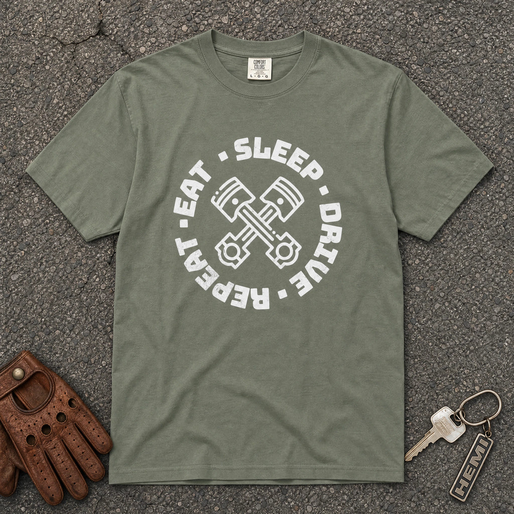 moss eat sleep drive repeat piston tshirt — car enthusiast comfort colors graphic tee