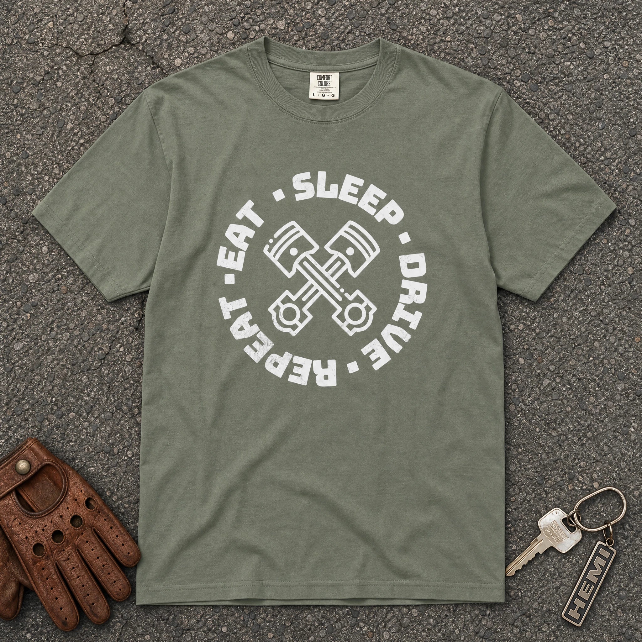 moss eat sleep drive repeat piston tshirt — car enthusiast comfort colors graphic tee