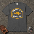 pepper garage life mechanic graphic tee — vintage crest wrench fist comfort colors shirt