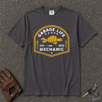 graphite garage life mechanic tshirt — vintage wrench fist est 1970 comfort colors crest tee