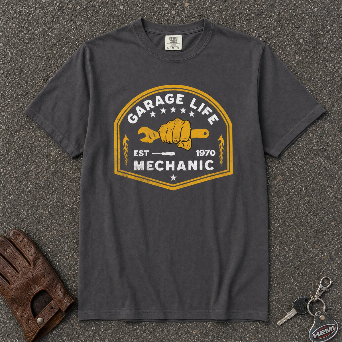 graphite garage life mechanic tshirt — vintage wrench fist est 1970 comfort colors crest tee
