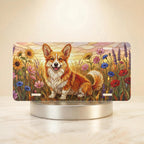 Corgi in Wildflower Field Vanity Plate - Road Muse