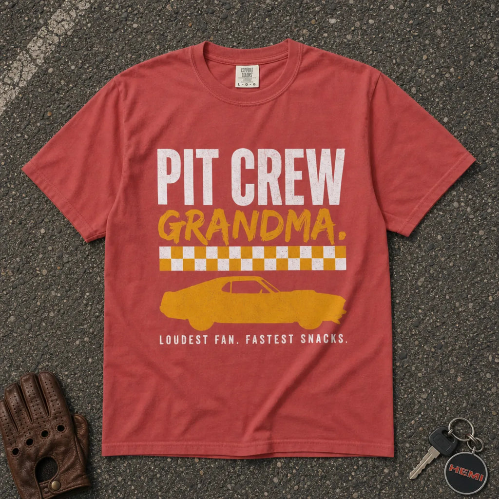 crimson pit crew grandma racing tshirt — retro car silhouette graphic comfort colors tee
