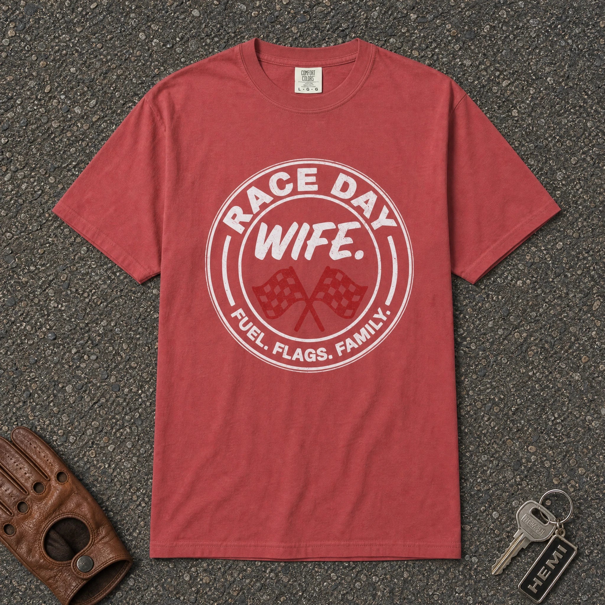 crimson race day wife graphic tee — bold checkered flags fuel flags family comfort colors shirt