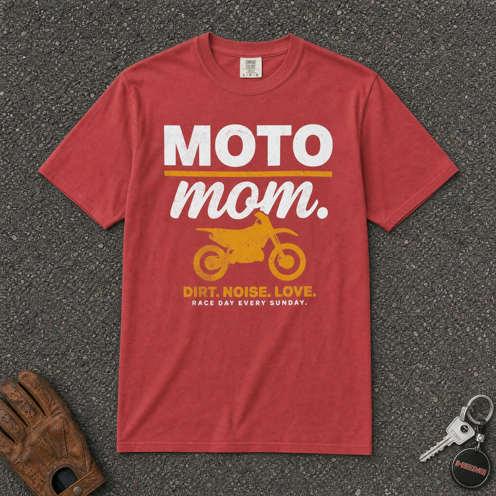 crimson moto mom comfort colors tee — bold dirt bike graphic motorsport shirt