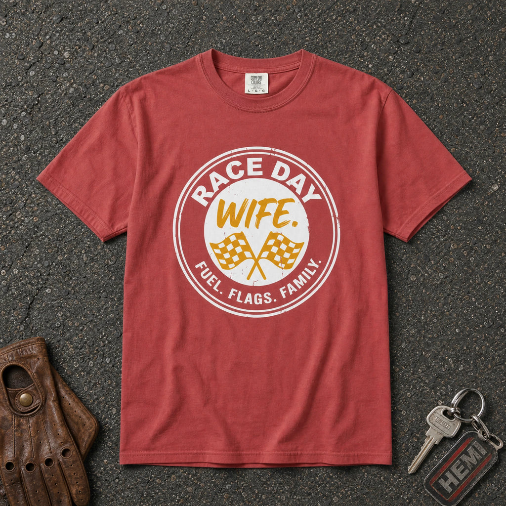 crimson race day wife tshirt — checkered flags circle badge graphic comfort colors tee