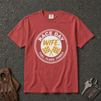 crimson race day wife tshirt — checkered flags circle badge graphic comfort colors tee