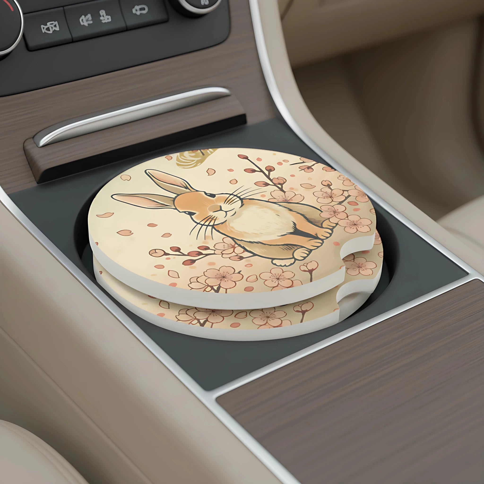 Cute Bunny Floral Car Coasters Set - Road Muse