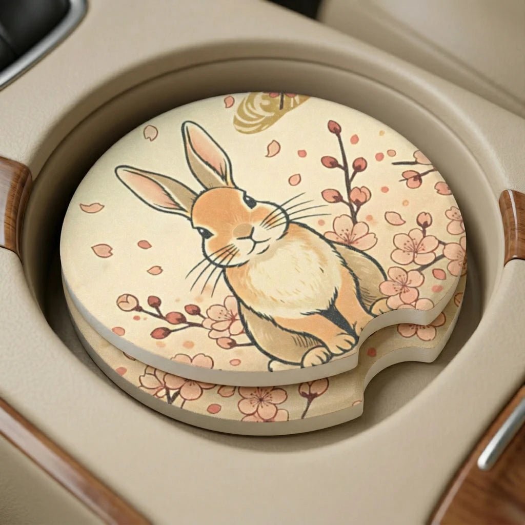 Cute Bunny Floral Car Coasters Set - Road Muse