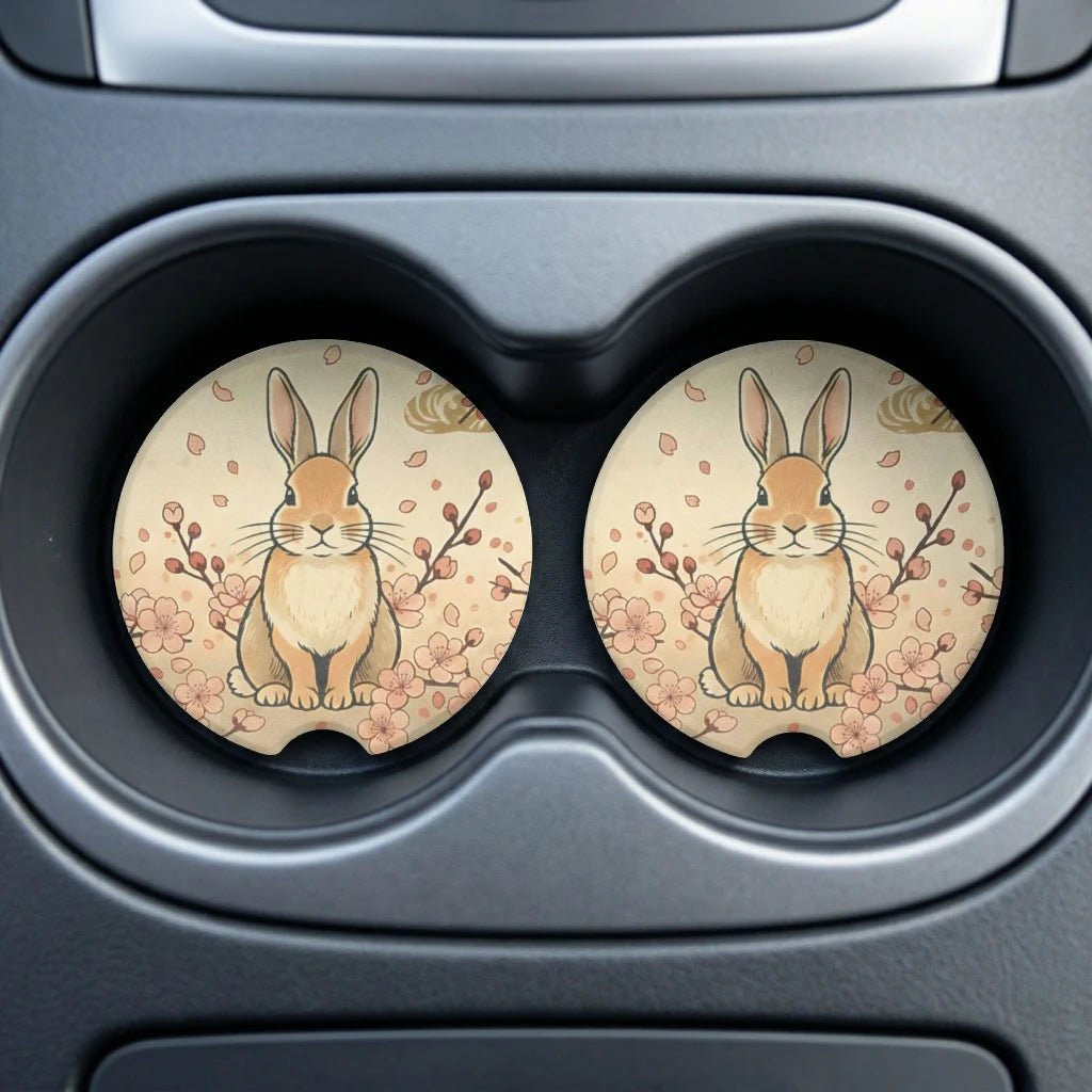 Cute Bunny Floral Car Coasters Set - Road Muse