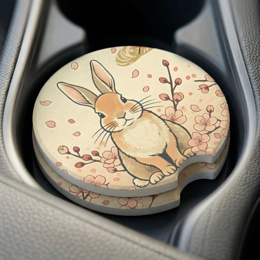 Cute Bunny Floral Car Coasters Set - Road Muse