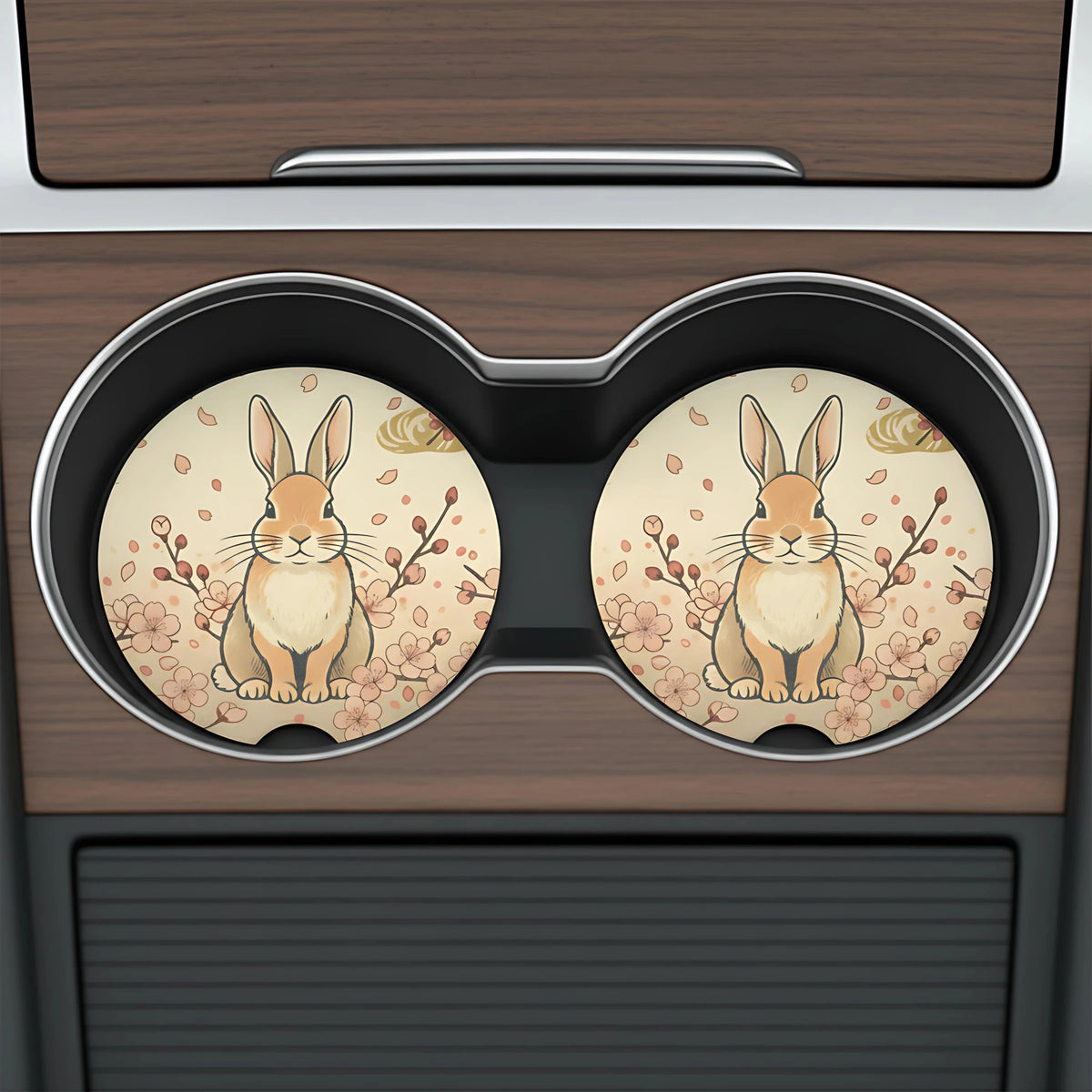 Cute Bunny Floral Car Coasters Set - Road Muse