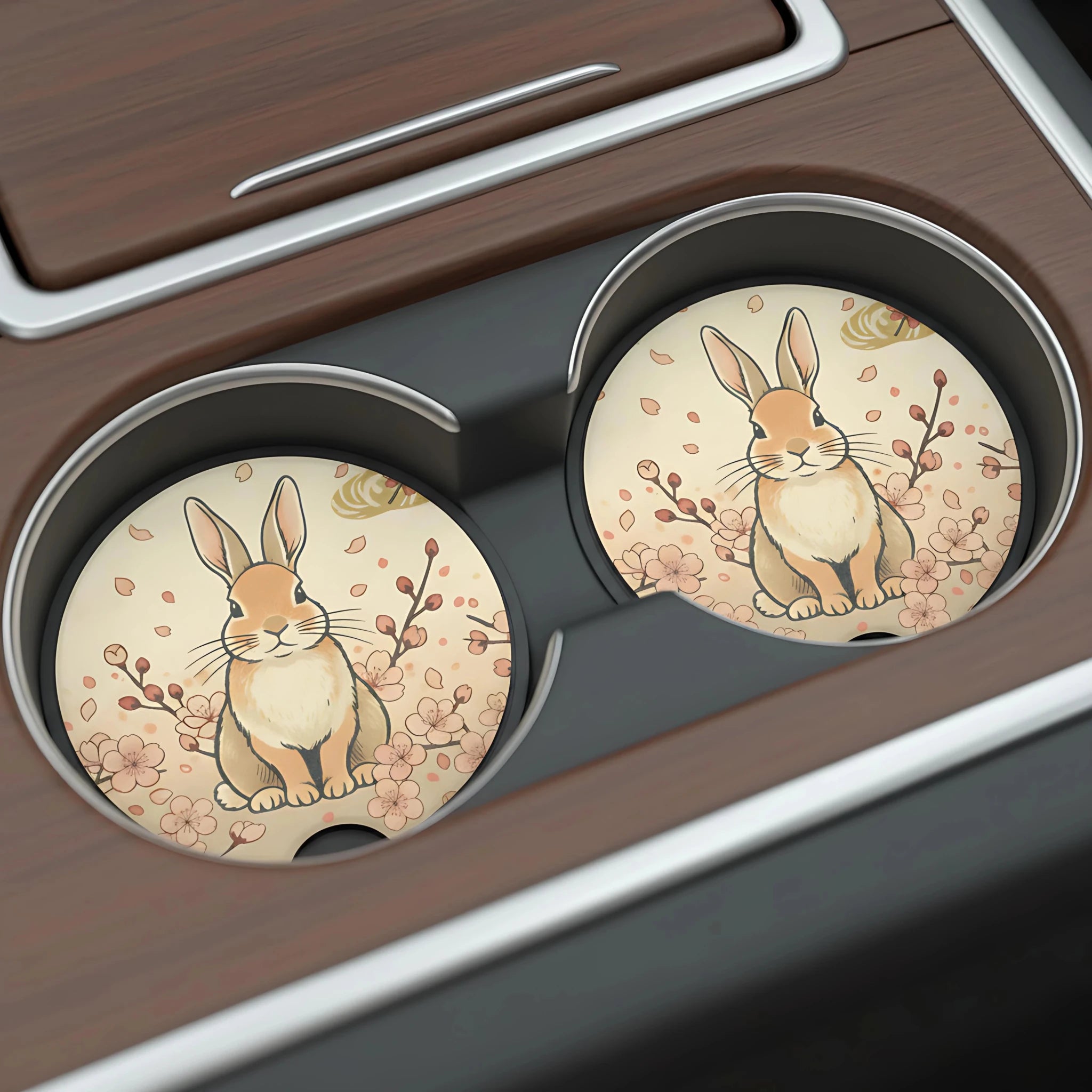 Cute Bunny Floral Car Coasters Set - Road Muse