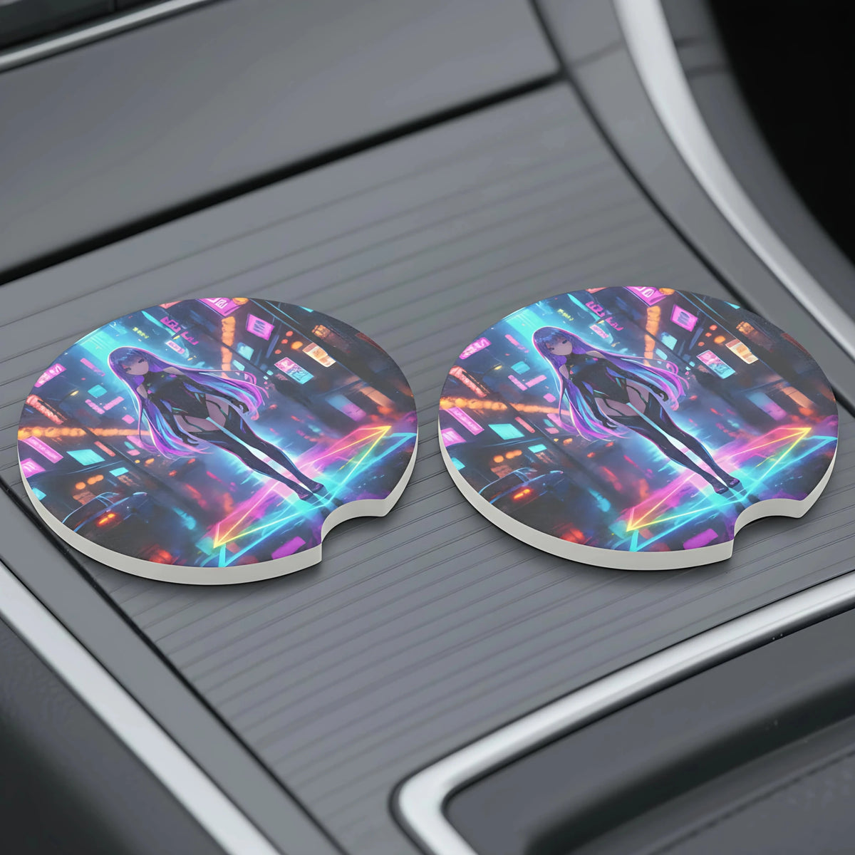 Cyberpunk Anime Girl Neon City Car Coasters Set - Road Muse