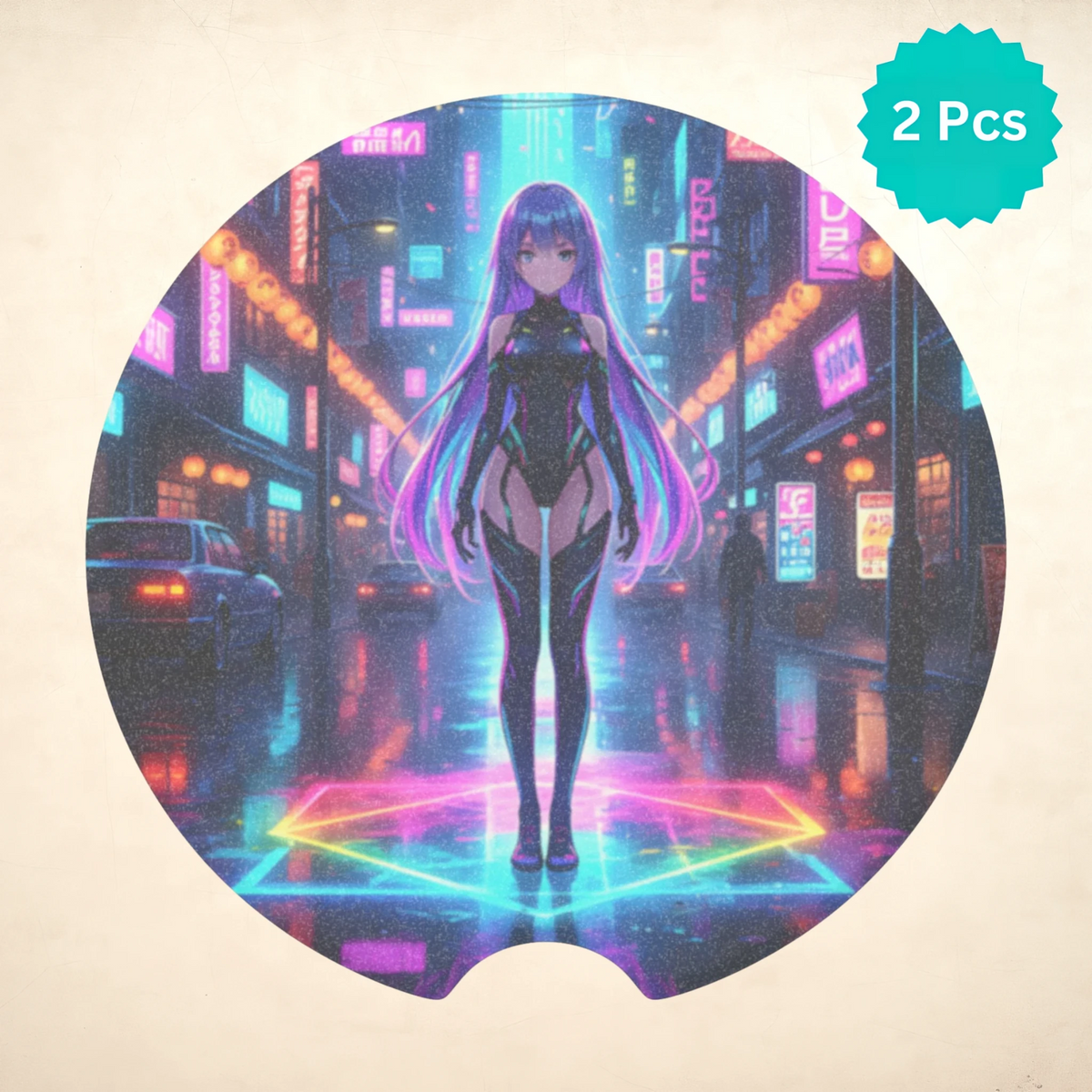 Cyberpunk Anime Girl Neon City Car Coasters Set - Road Muse