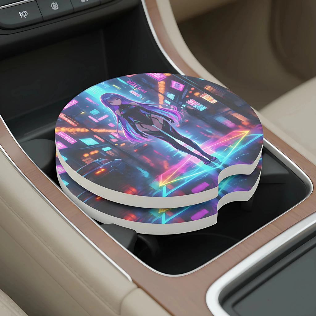 Cyberpunk Anime Girl Neon City Car Coasters Set - Road Muse