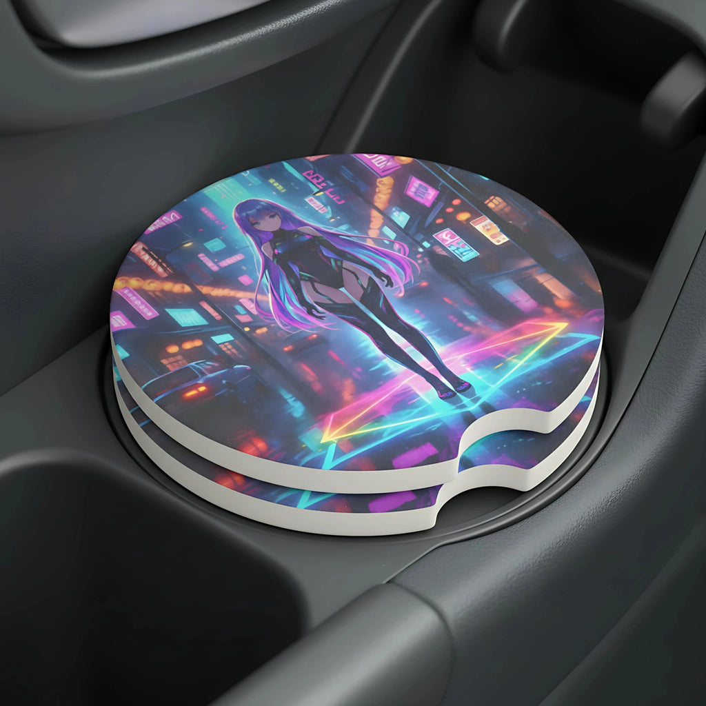Cyberpunk Anime Girl Neon City Car Coasters Set - Road Muse