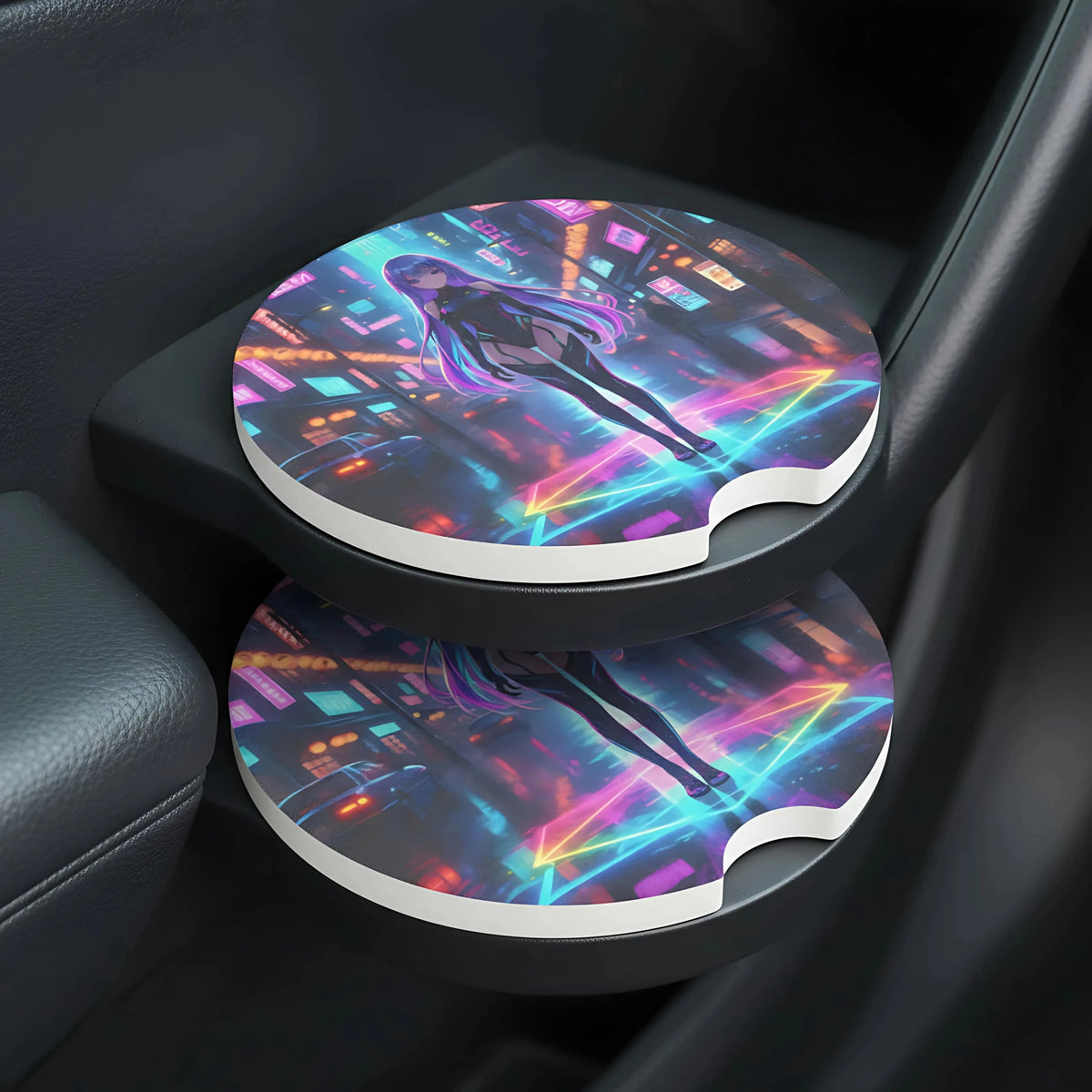 Cyberpunk Anime Girl Neon City Car Coasters Set - Road Muse