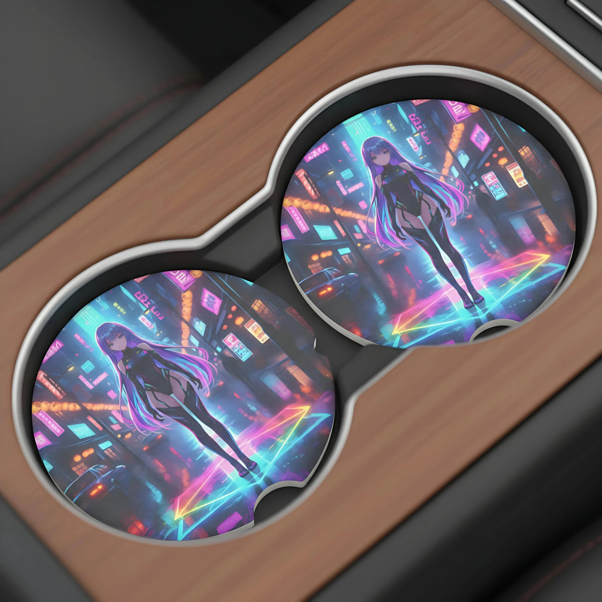 Cyberpunk Anime Girl Neon City Car Coasters Set - Road Muse