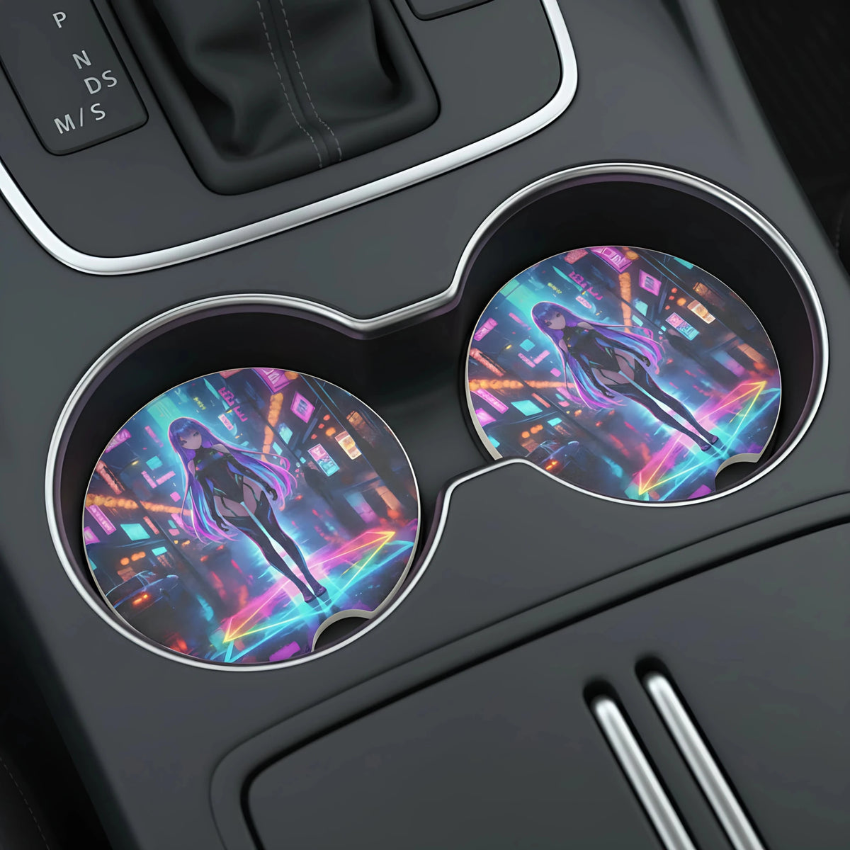 Cyberpunk Anime Girl Neon City Car Coasters Set - Road Muse