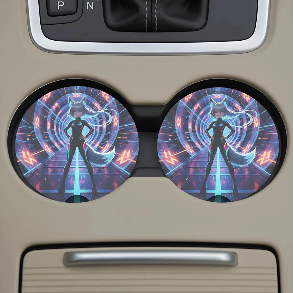 Cyberpunk Foxgirl Car Coasters Set - Road Muse