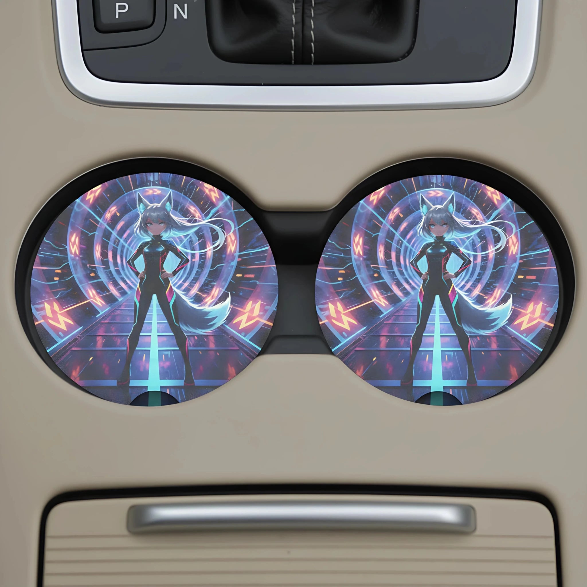 Cyberpunk Foxgirl Car Coasters Set - Road Muse