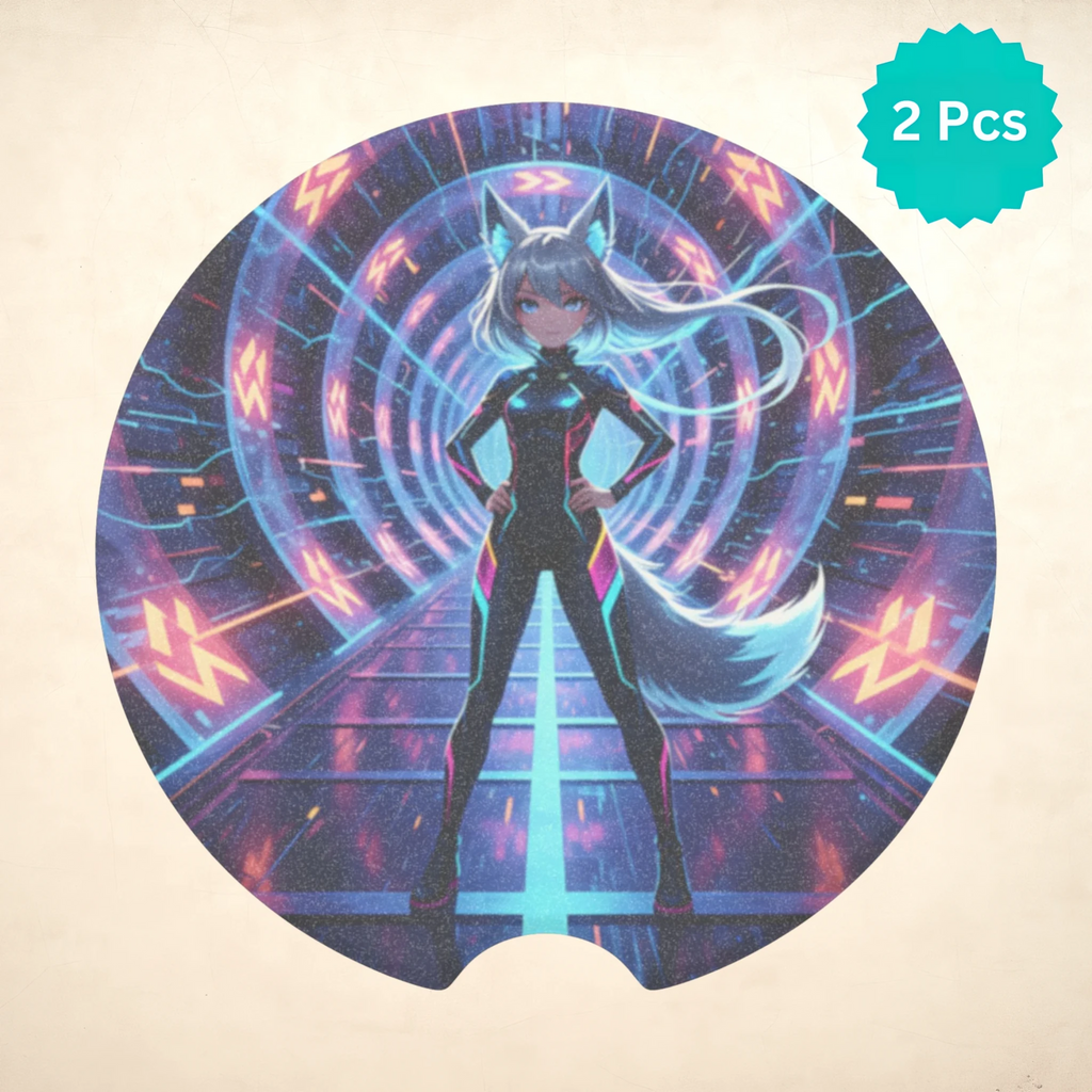 Cyberpunk Foxgirl Car Coasters Set - Road Muse