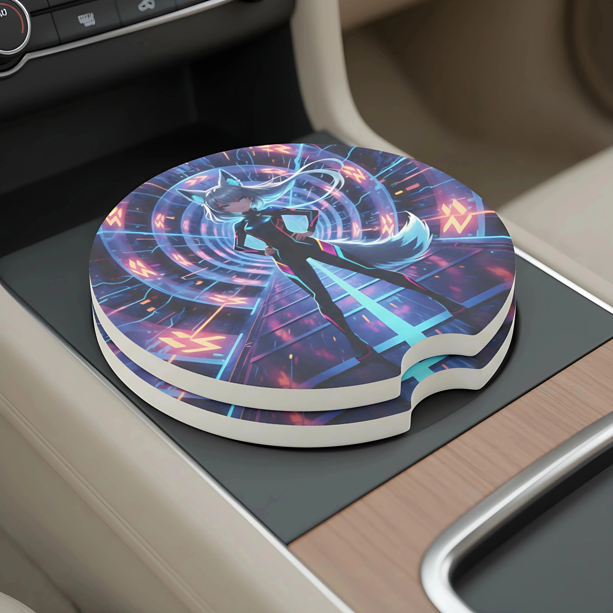 Cyberpunk Foxgirl Car Coasters Set - Road Muse