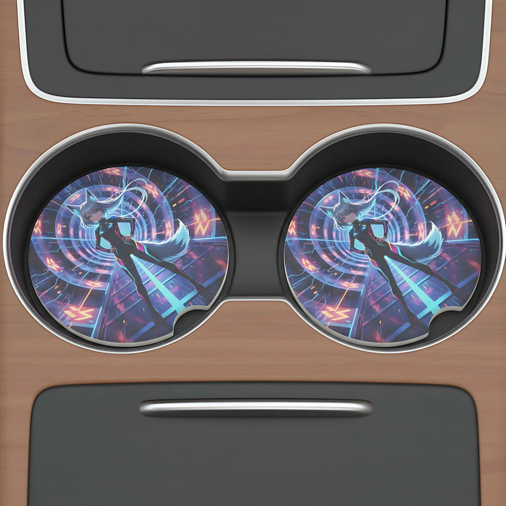 Cyberpunk Foxgirl Car Coasters Set - Road Muse