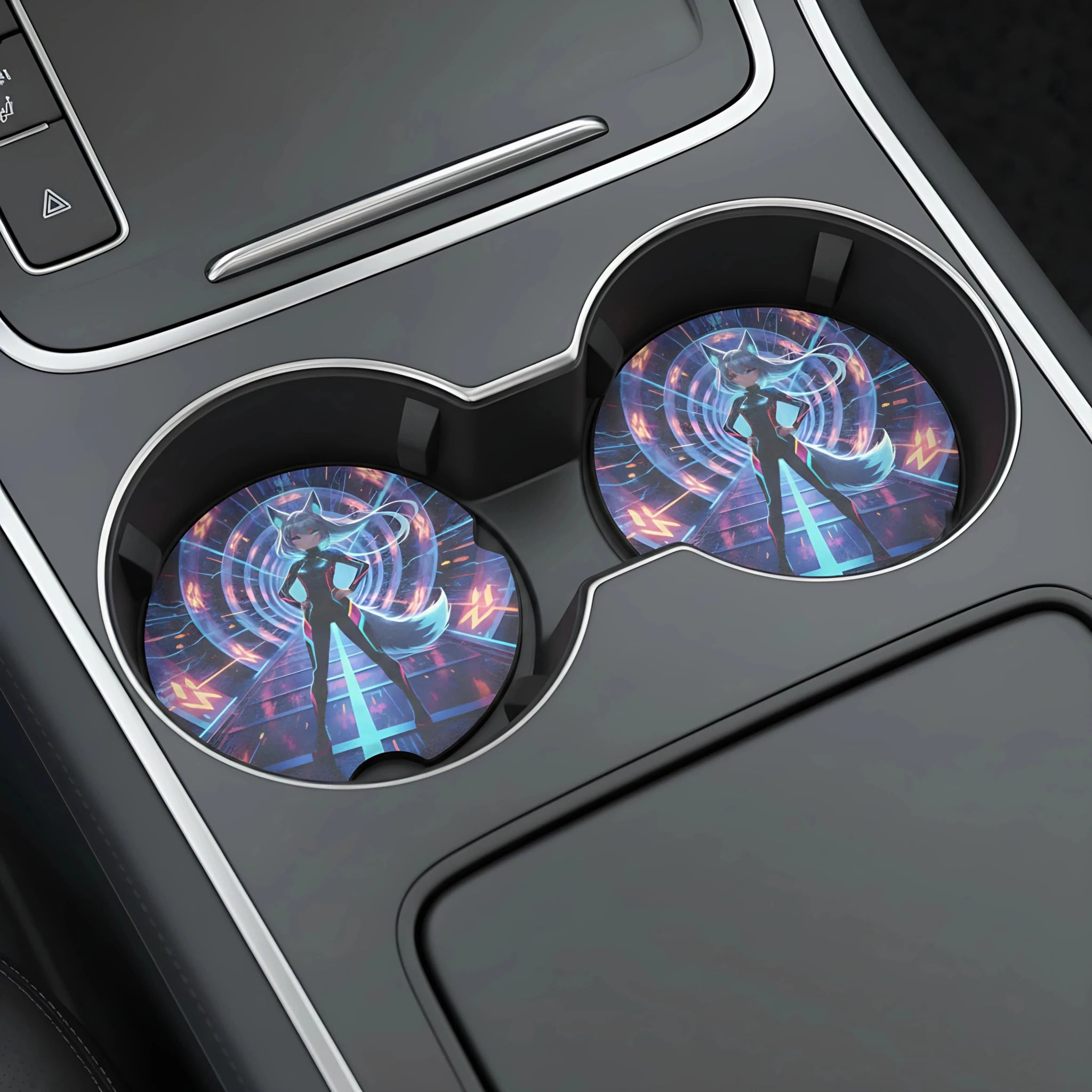 Cyberpunk Foxgirl Car Coasters Set - Road Muse