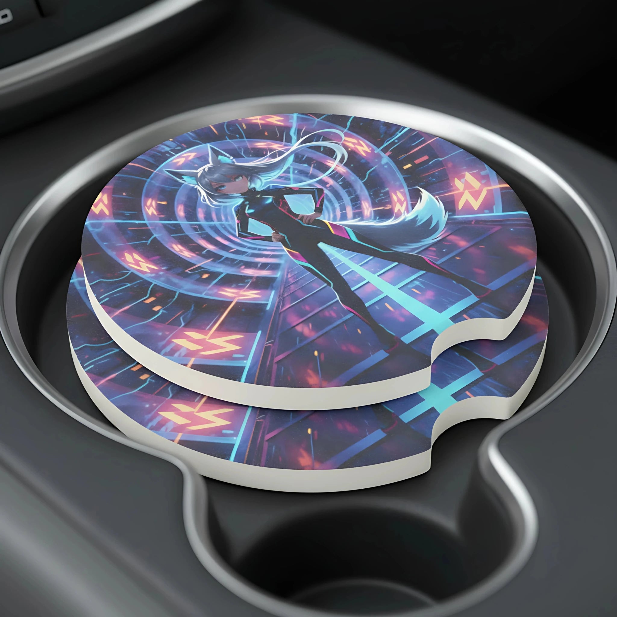 Cyberpunk Foxgirl Car Coasters Set - Road Muse
