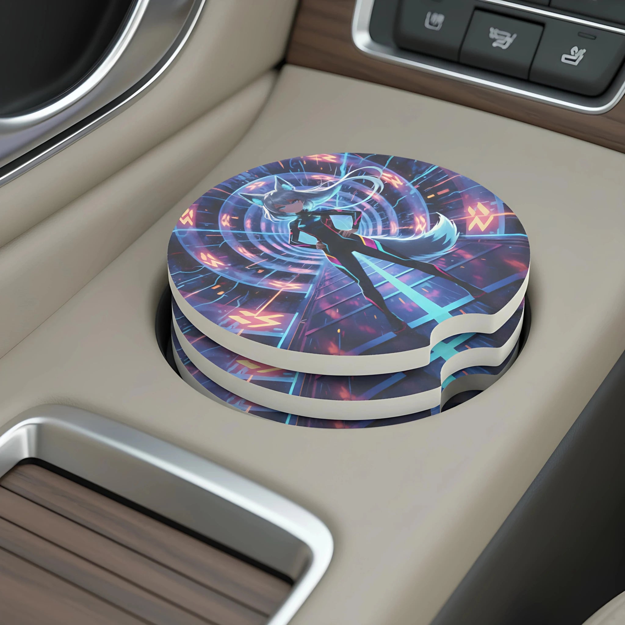 Cyberpunk Foxgirl Car Coasters Set - Road Muse
