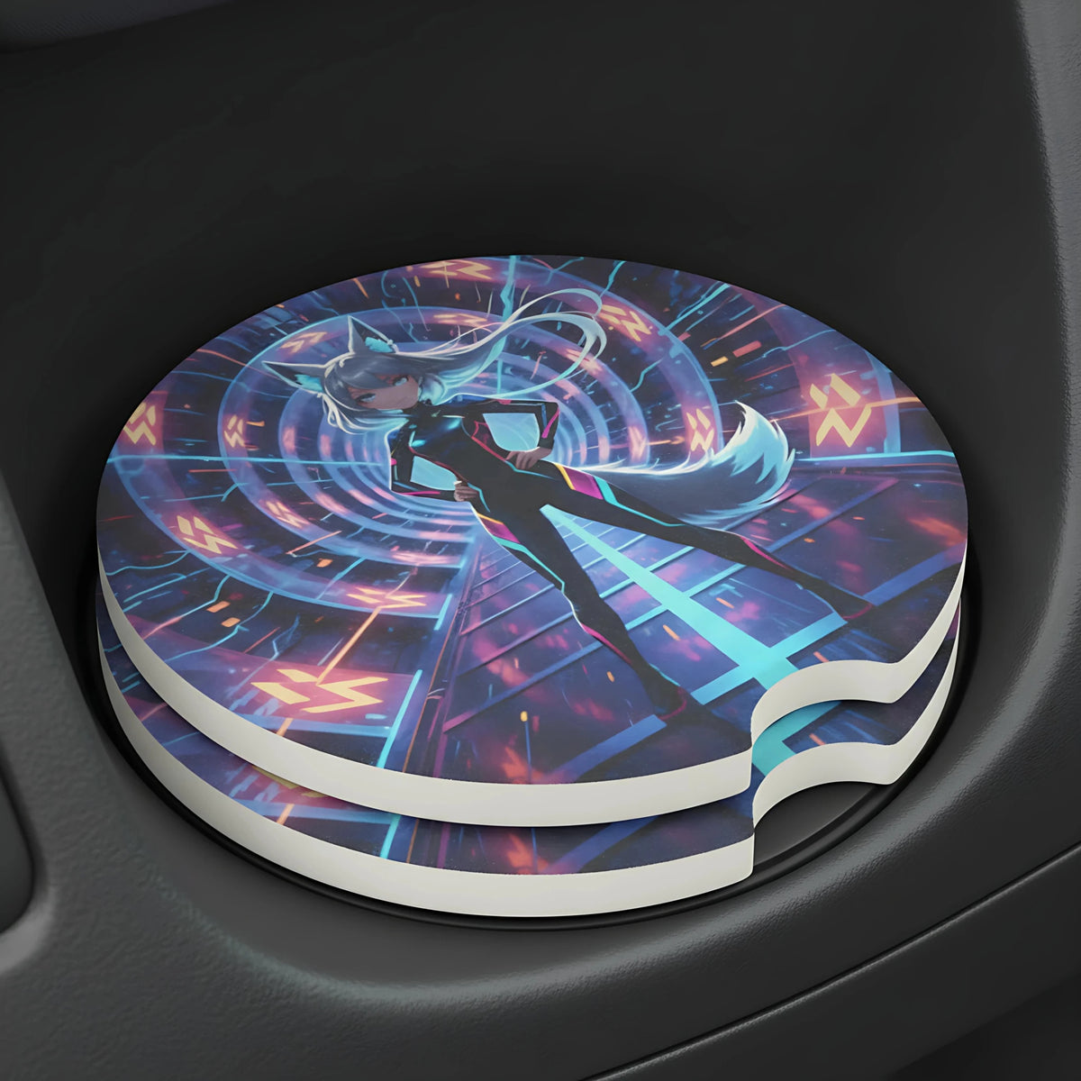 Cyberpunk Foxgirl Car Coasters Set - Road Muse