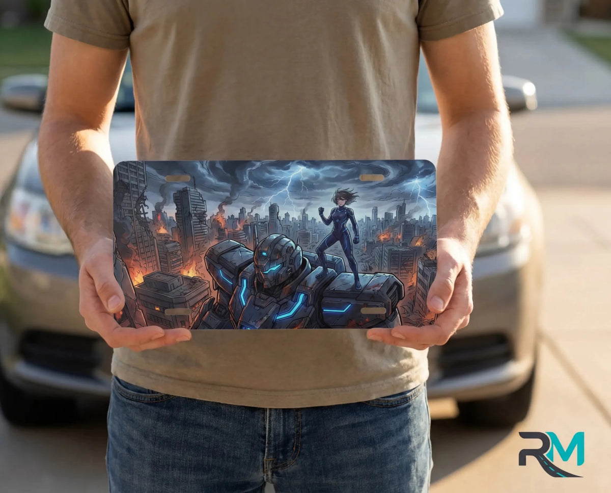 Cyberpunk Mech City Vanity Plate - Road Muse