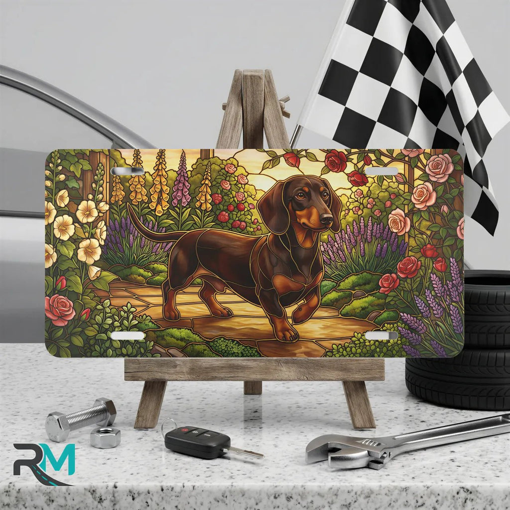 Dachshund Garden Scene Vanity Plate - Road Muse