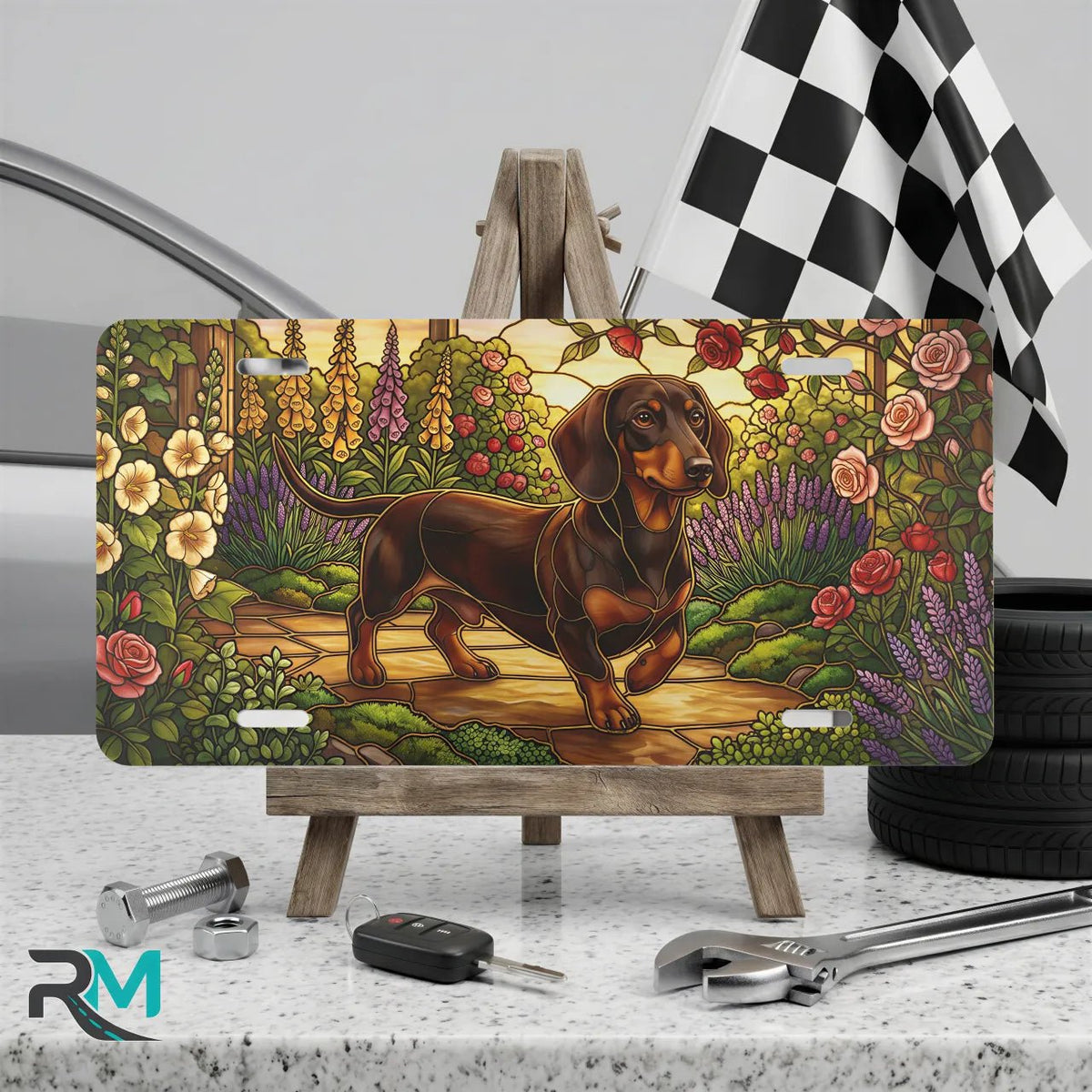 Dachshund Garden Scene Vanity Plate - Road Muse