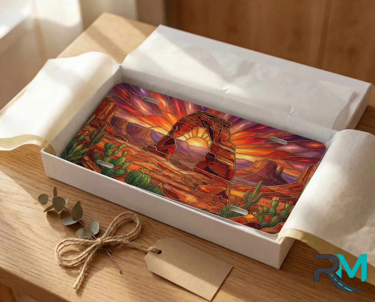 Desert Arch Sunset Cactus Vanity Plate - Road Muse