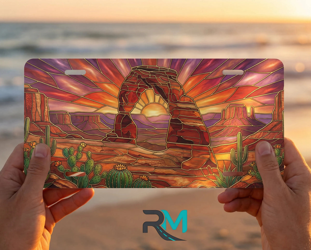 Desert Arch Sunset Cactus Vanity Plate - Road Muse