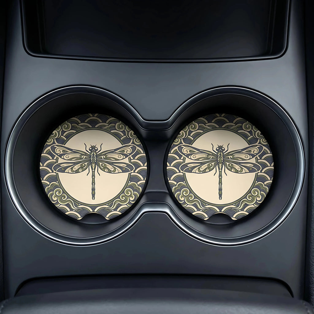 Dragonfly Illustration Vintage Wave Car Coasters Set - Road Muse