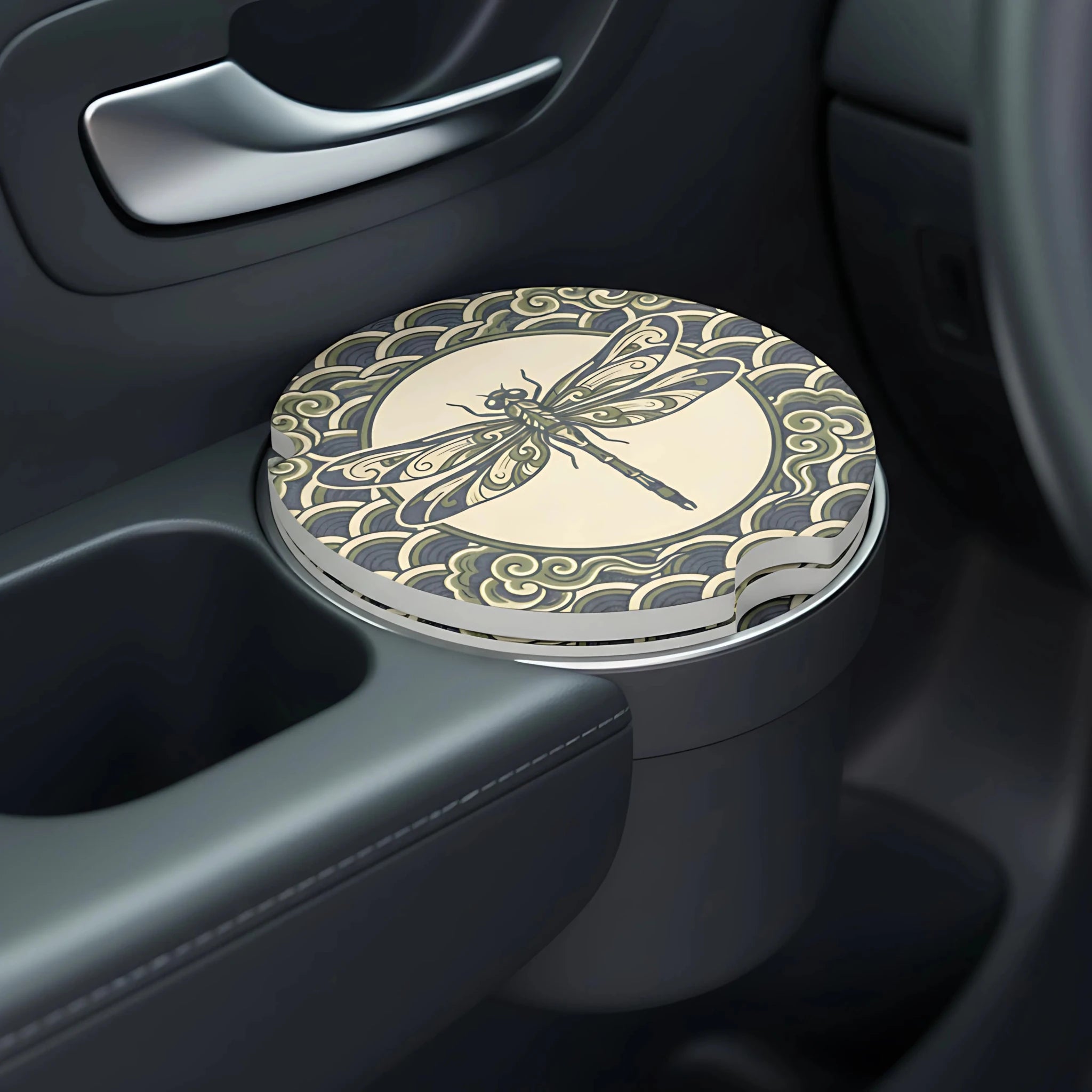 Dragonfly Illustration Vintage Wave Car Coasters Set - Road Muse