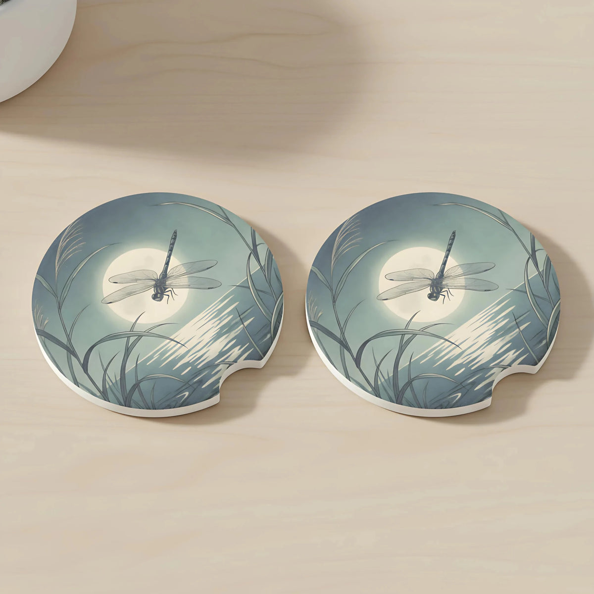 Dragonfly Moonlit Lake Car Coasters Set - Road Muse