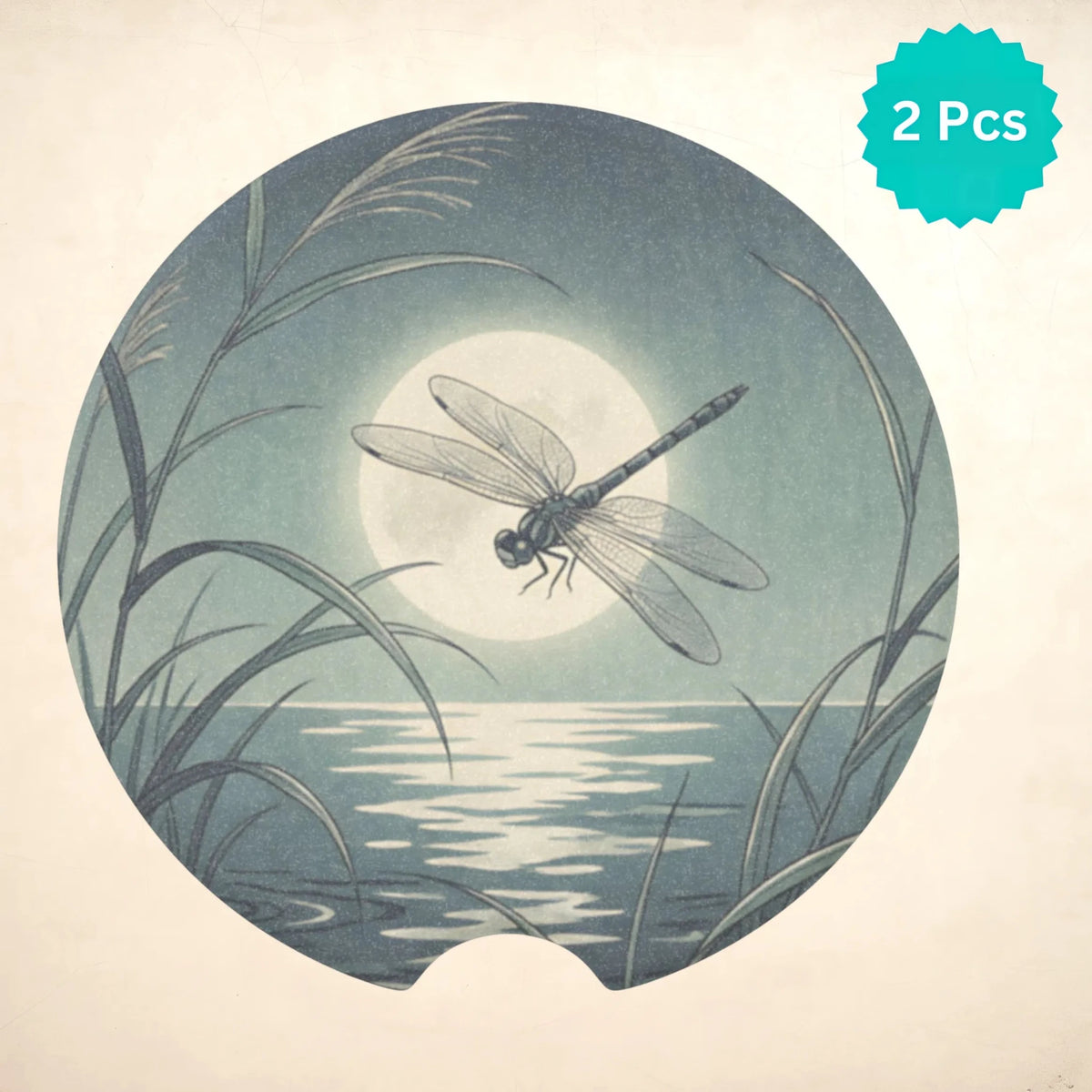 Dragonfly Moonlit Lake Car Coasters Set - Road Muse