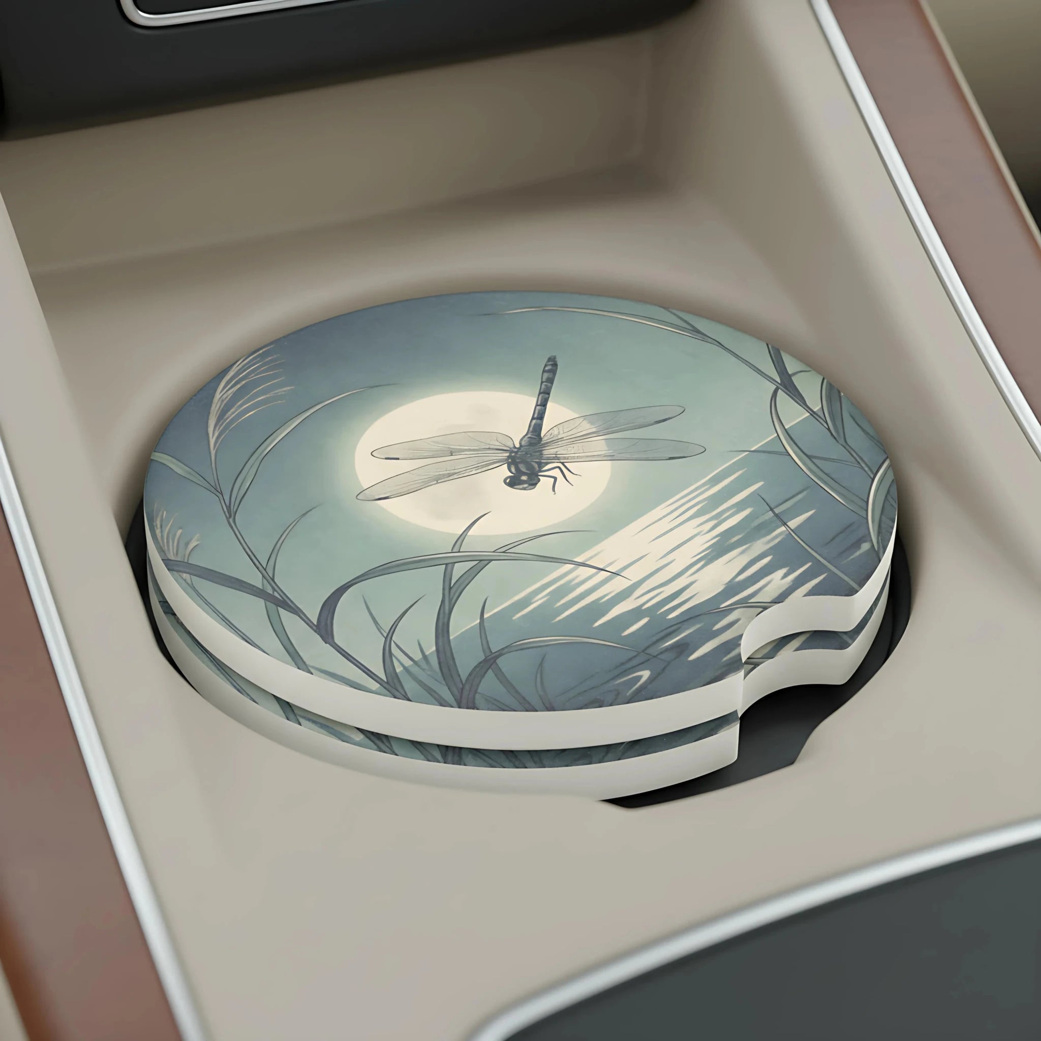 Dragonfly Moonlit Lake Car Coasters Set - Road Muse
