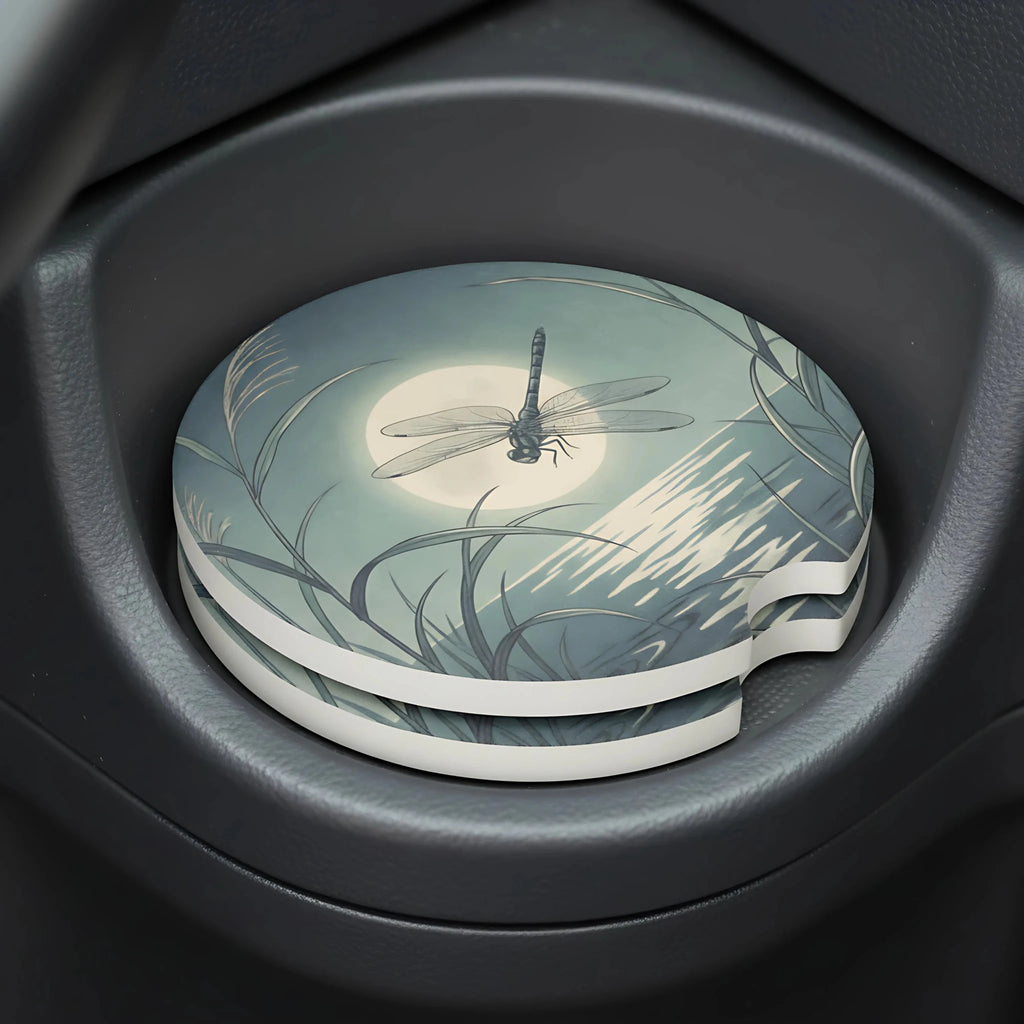 Dragonfly Moonlit Lake Car Coasters Set - Road Muse