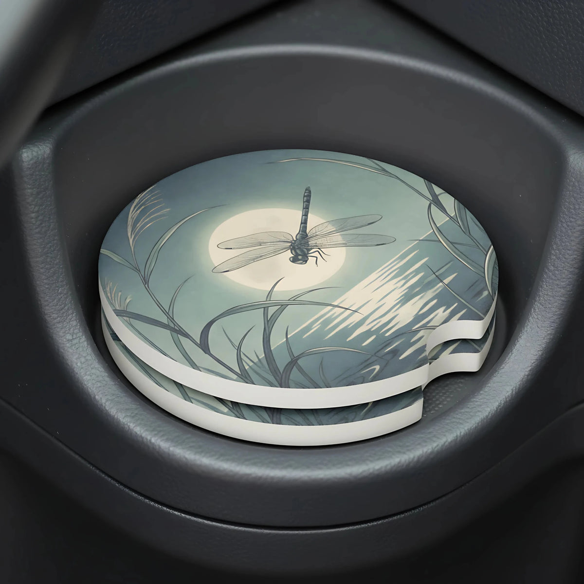 Dragonfly Moonlit Lake Car Coasters Set - Road Muse